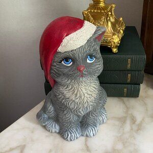Vintage Ceramic Christmas Grey Kitty Kitten Cat Kitten Santa Hat Sylvie Handmade